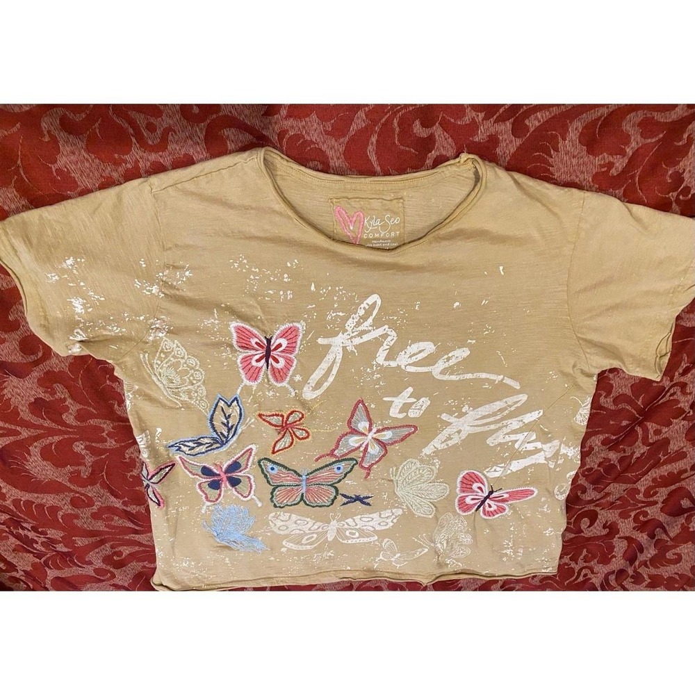 Kyla Sri Comfort Embroidered Boho Free To Fly  Butterfly T Shirt Artsy s61